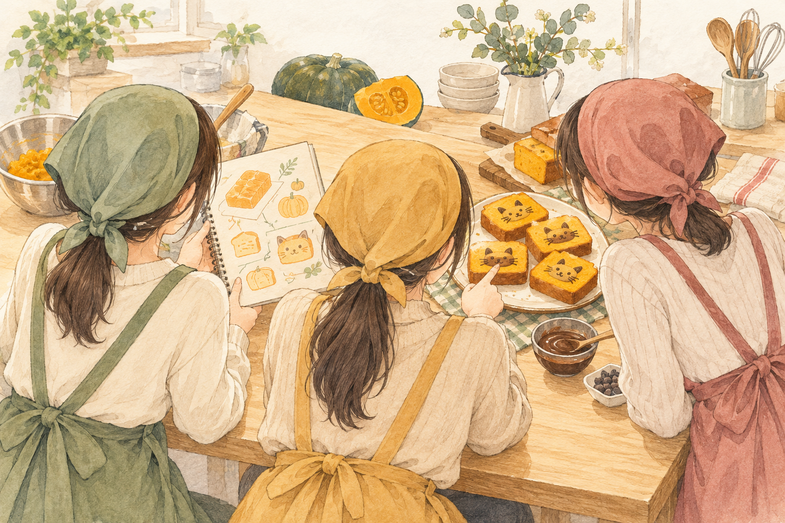 エプロン姿の高校生３人がケーキのアイデアを相談する様子を、顔の見えない後ろ姿で描いたイメージイラスト